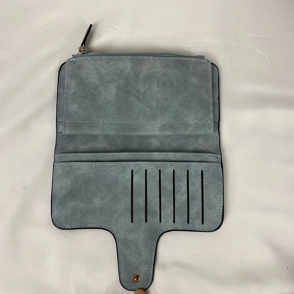 Womens Wallet Blue Faux Suede Bifold Zip Around Multi Card Holder ID Window NWT‎